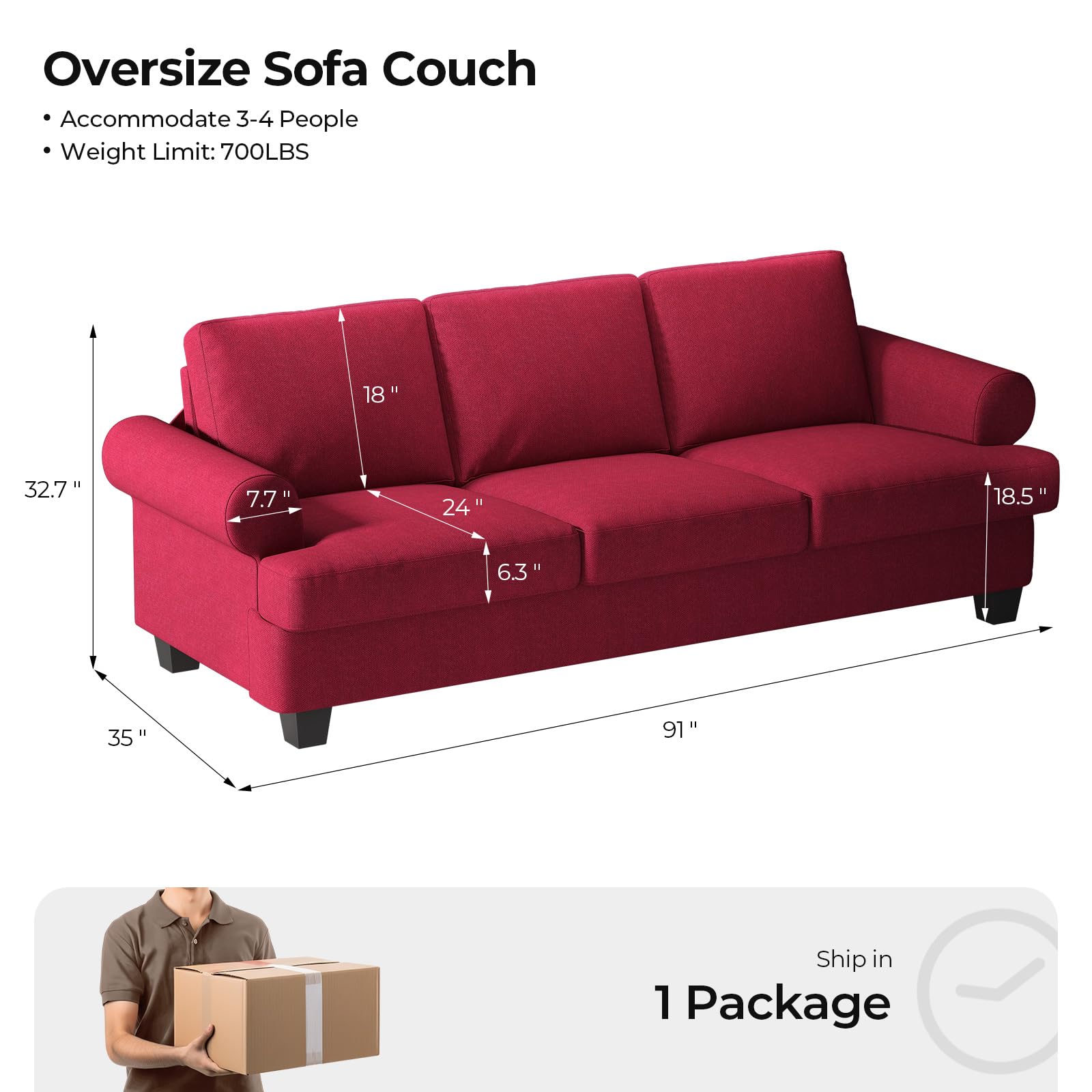 COPIAE 91 Inch Lawson Sofa with Extra Deep Seats Oversize, 3-Seat Sofa Couch, Couches for Living Room, Mid-Century Modern, Apartment Lounge, Red Sofas for Living Room