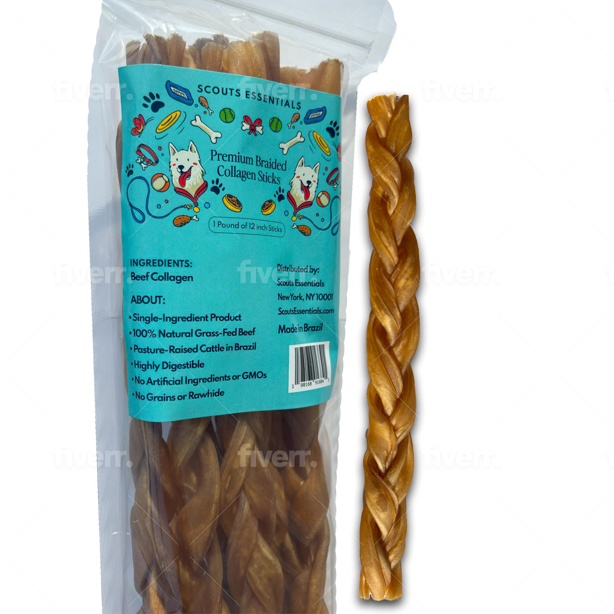 Scouts Essentials - 12” Premium Braided Collagen Chews 1 Pound 100% Natural Pure Grass-Fed Beef Single Source Treat Long Lasting Aggressive Dog Chewers Medium Large Dogs Muscle Growth