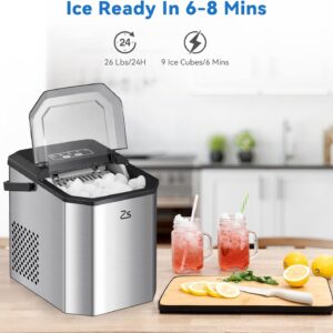 Zstar Ice Maker Countertop with Bullet Ice, 26Lbs/Day, Stainless Steel Portable Ice Machine w/Ice Scoop, 45lb Quiet Design, Self-Cleaning Function and Timer Function for Kitchen Office Home Cafe Bar