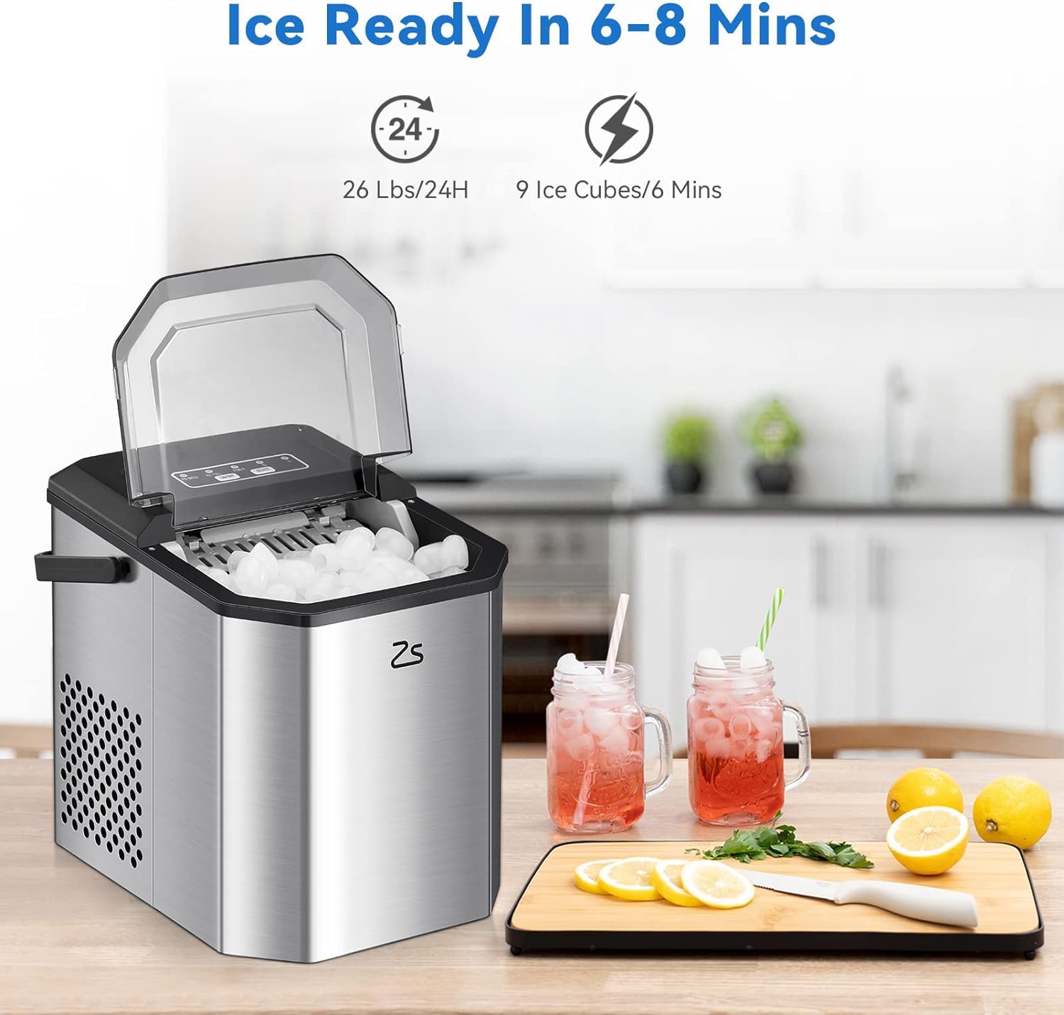 Zstar Ice Maker Countertop with Bullet Ice, 26Lbs/Day, Stainless Steel Portable Ice Machine w/Ice Scoop, 45lb Quiet Design, Self-Cleaning Function and Timer Function for Kitchen Office Home Cafe Bar