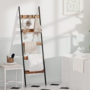 Vantimo Blanket Ladder, 5-Tier Towel Holder with 4 Removable Hooks, Farmhouse Wall Leaning Decorative Rack Shelf, Wooden Towel Display Rack, Quilt Ladder for Living Room, Bedroom