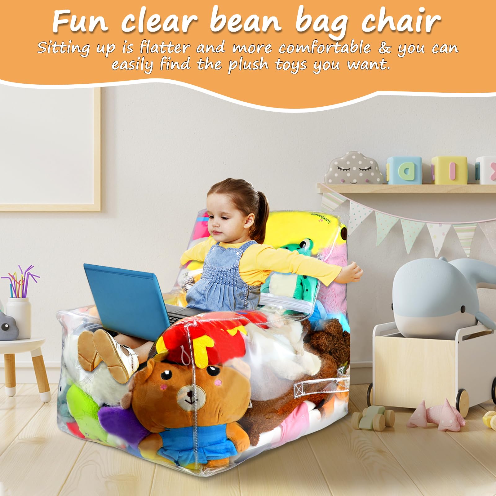 Clear Stuffed Animal Bean Bag Chair Cover for Kids, Waterproof Large Stuffable Beanbag Chair Cover, Creative PVC Plush Toys Storage, for Organizing Toddler & Children Rooms Soft Stuff Animal