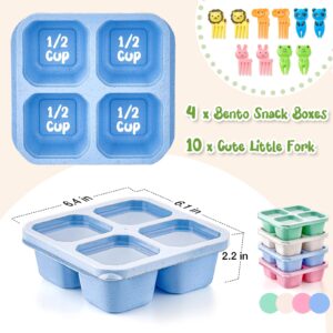 Bento Snack Boxes 4 Pack, Reusable Bento Boxes Kids Adults with 4 Compartments & Fork, Lunch Snack Containers, Wheat Straw Meal Prep Lunch Box, Divided Food Storage Containers for School Work Travel