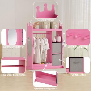 XJD Kids Dress Up Storage Wardrobe with Mirror and Drawers, Kids Clothes Rack Armoire Dresser Storage Bin(Pink)