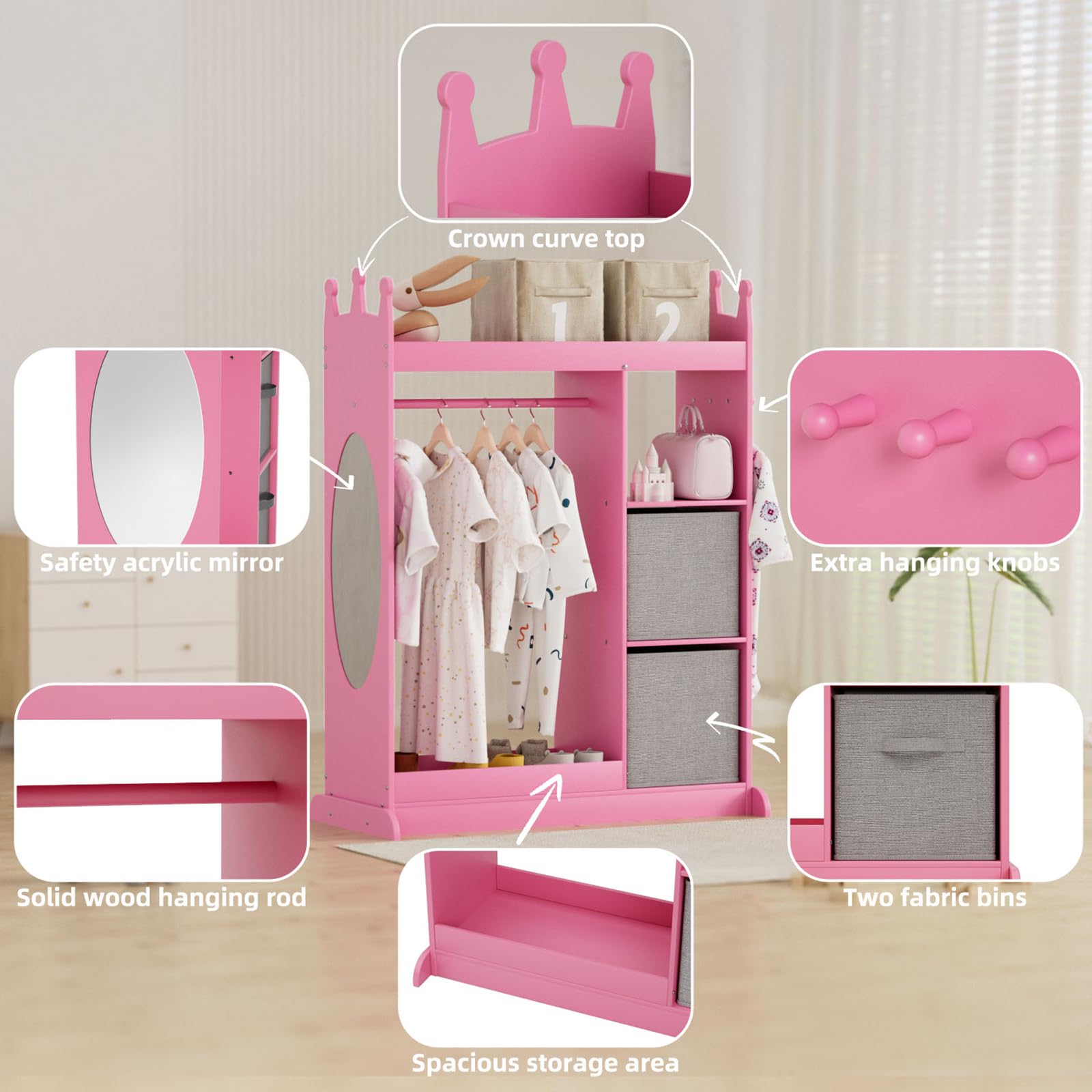 XJD Kids Dress Up Storage Wardrobe with Mirror and Drawers, Kids Clothes Rack Armoire Dresser Storage Bin(Pink)