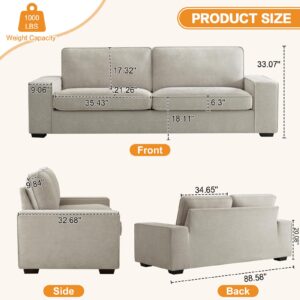 EASELAND 88" Chenille Sofa Couch, 3 Seater Loveseat for Living Room, Modern Lounge Sofa for Bedroom with Removable Back and Seat Cushions, Deep Seat Comfy Couch with Solid Wood Legs and Armrest(Beige)