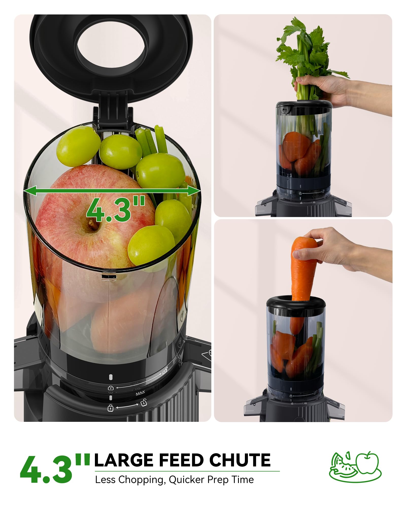 ACOQOOS Juicer Machines, Cold Press Juicer Whole Fruit and Vegetable with 4.3" Feeding Chute, Easy to Clean Juicers with 2 Cups, Masticating Juicer Black