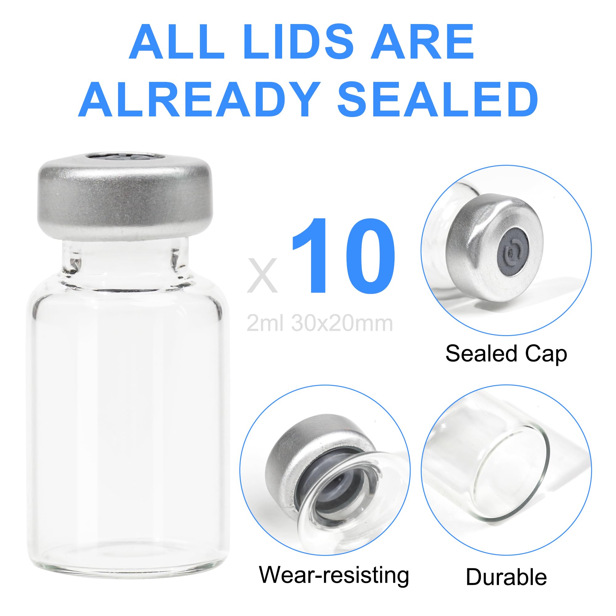 LZHNB 2ml Glass Vials for Injection, Self Healing Injection Port, Empty Transparent Sealed Vials 10Pcs. (2ml)