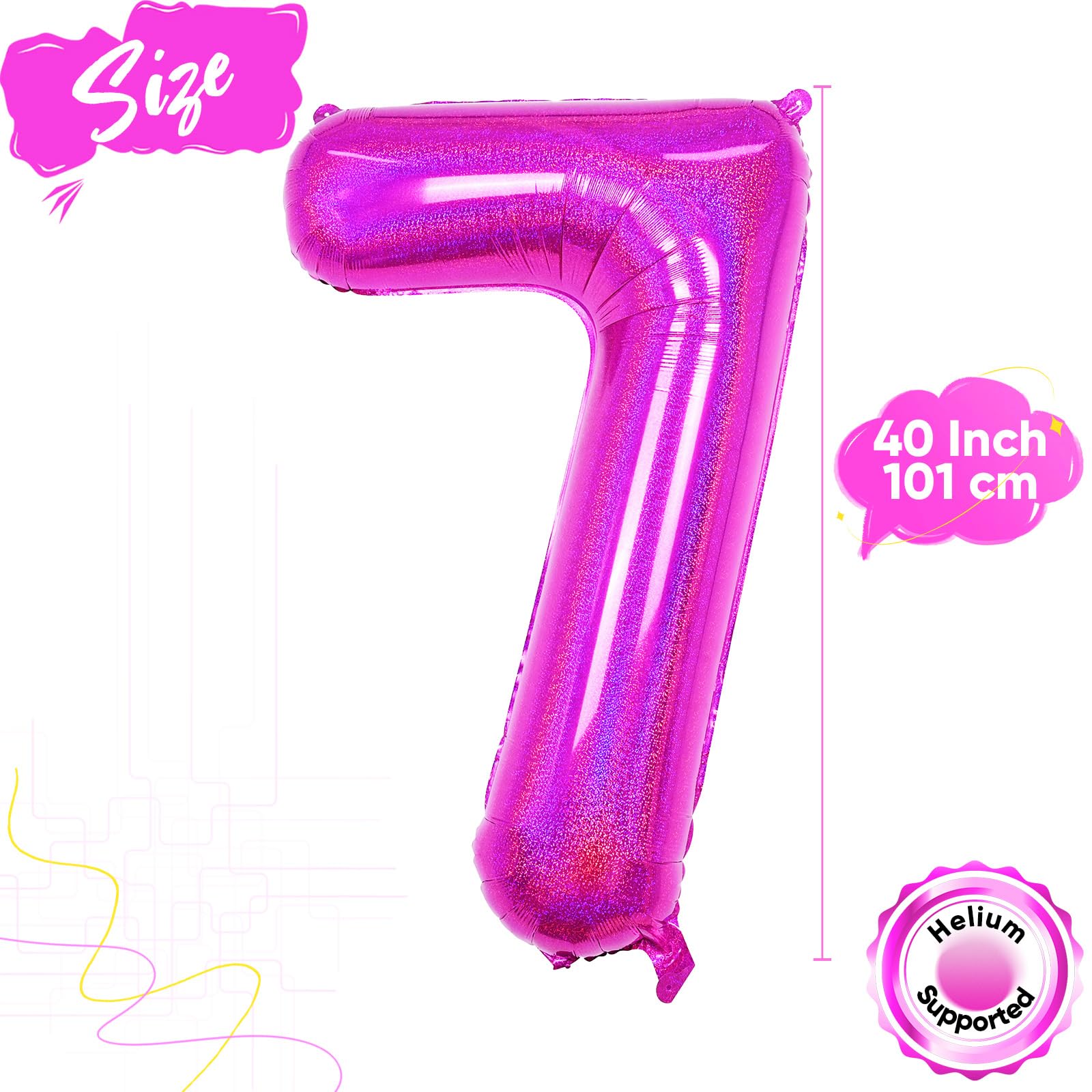 Hot Pink 7 Balloon, 40 Inch Large Laser Hot Pink Foil Helium Number Balloons 0-9 for Girls Women, Giant Self Inflating Mylar Hot Pink Number 7 Balloons for Baby Shower Princess Birthday Anniversary