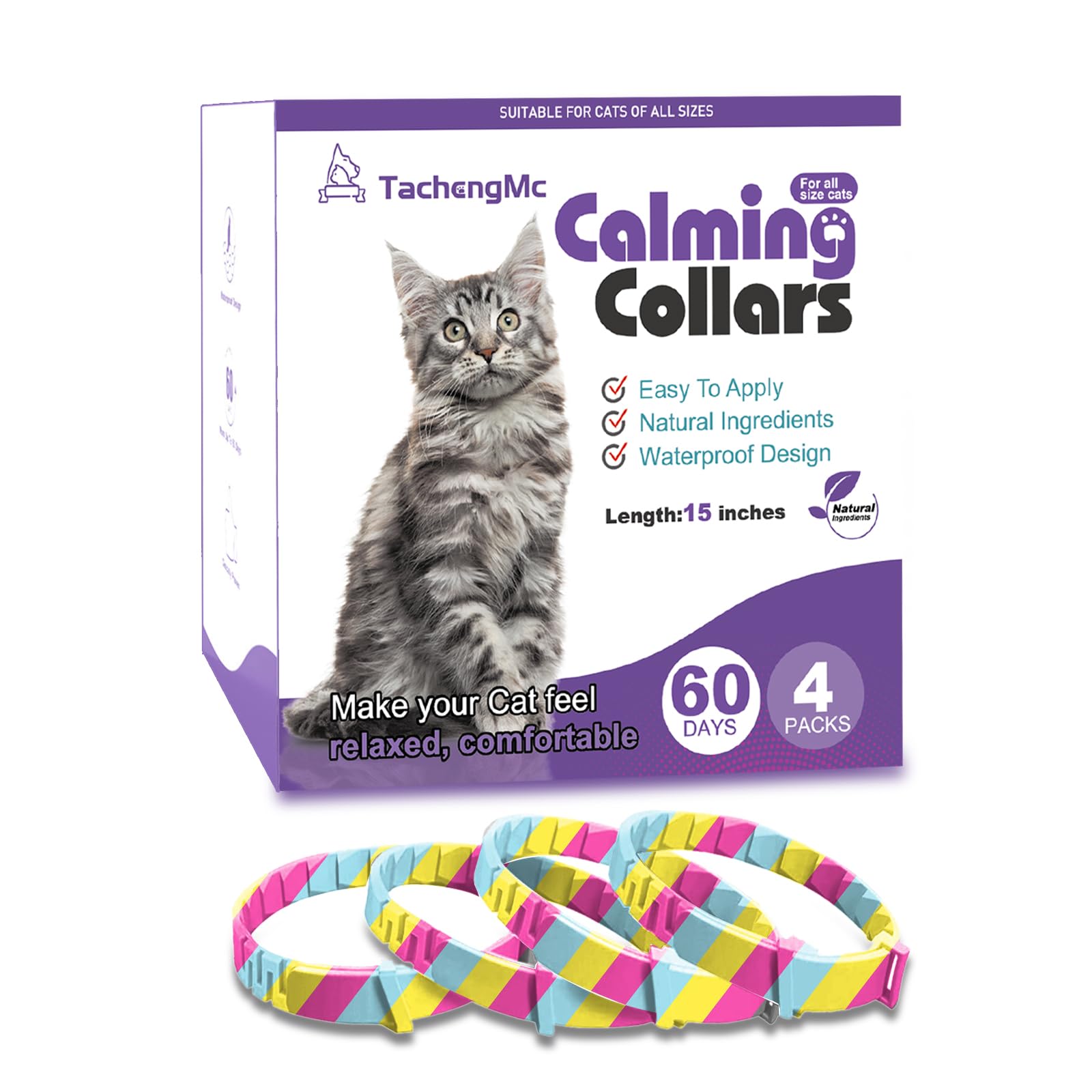 TachengMc 4 Pack Calming Collar for Cats, Cat Collars Efficient Relieve Reduce Anxiety Stress，Make Comfortable Relaxed，Pheromones Collar, Cat Calming Collar Kitten Supplies, Lasting 60 Days, Rainbow