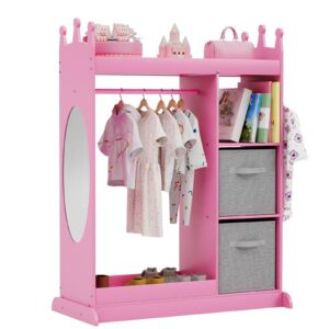 xjd kids dress up storage wardrobe with mirror and drawers, kids clothes rack armoire dresser storage bin(pink)