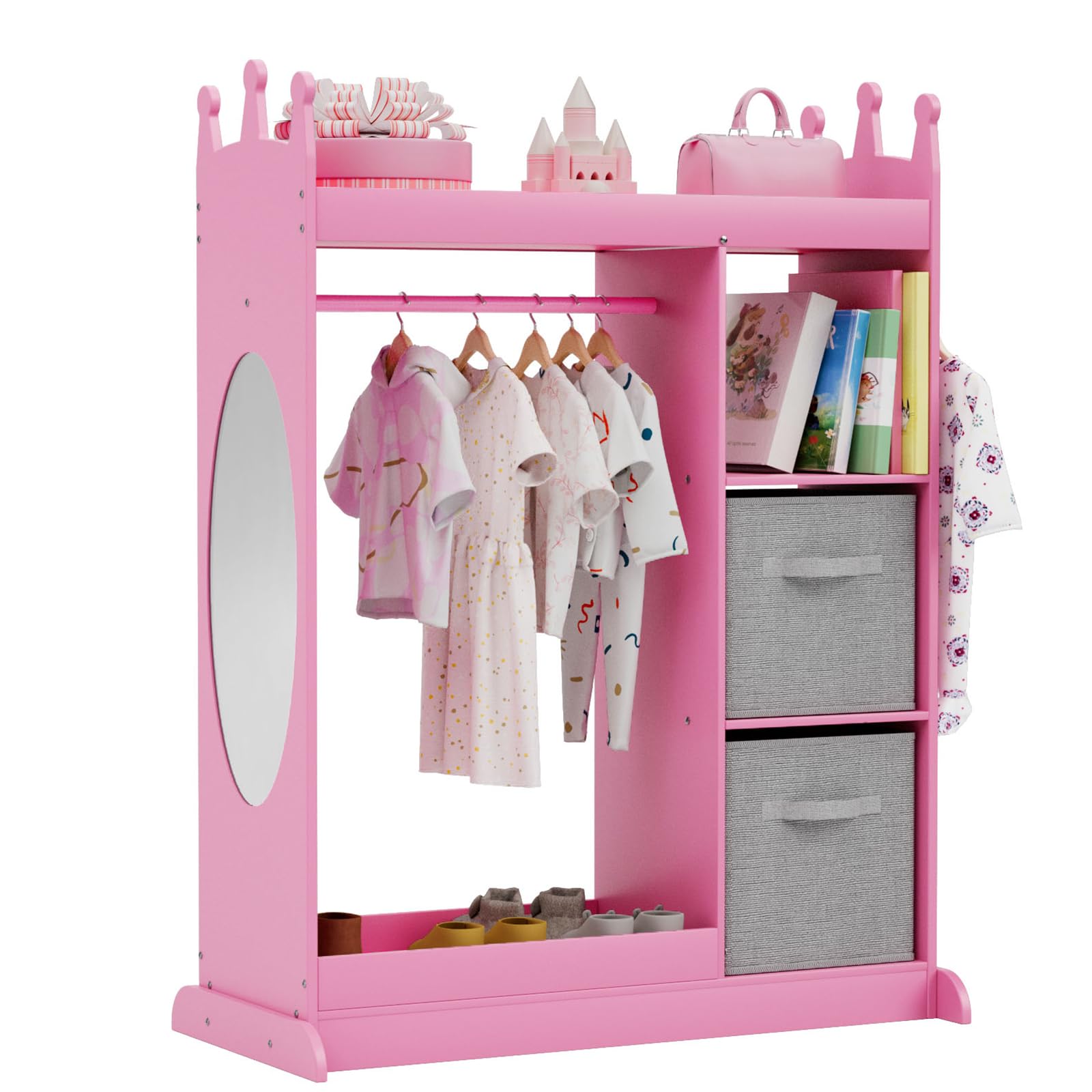 XJD Kids Dress Up Storage Wardrobe with Mirror and Drawers, Kids Clothes Rack Armoire Dresser Storage Bin(Pink)