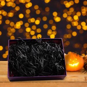 Gloreyan 1/2LB Halloween Shredded Paper Filler Black Raffia Paper Crinkle Cut Tissue Paper for Gift Wrapping Basket Filling Birthdays Party Supply(Black)