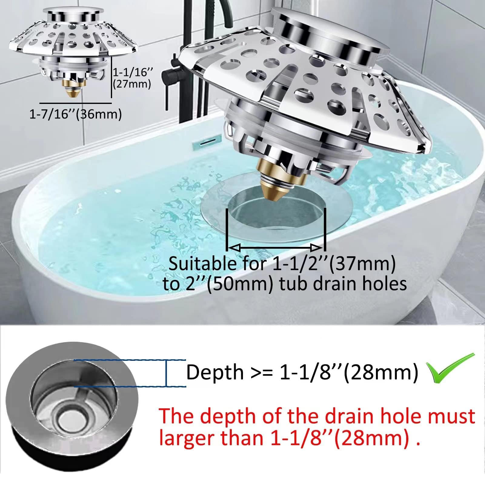 AzWzz 1 PCS Bathroom Sink Drain Stopper with Strainer and 1 PCS Bathtub Drain Stopper with Drain Hair Catcher, 3 in 1 Feature, All Brass Plating Process