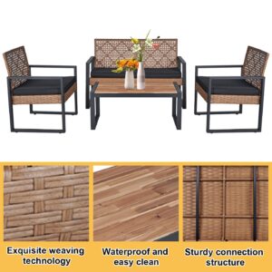 VOTSMOKK 4 Pieces Patio Furniture Set, Outdoor Garden Patio Conversation Sets with Coffee Table, for Backyard, Lawn, Balcony, Outside Patio Table and Chairs Set with Soft Cushions, Black and Brown