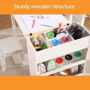 HobbyField Kids Art Table with 2 Chairs, Toddler Craft Play Wood Activity Desk with Large Storage Shelves,Wood Activity Desk for Writing Drawing Suitable for Nursery & Classroom