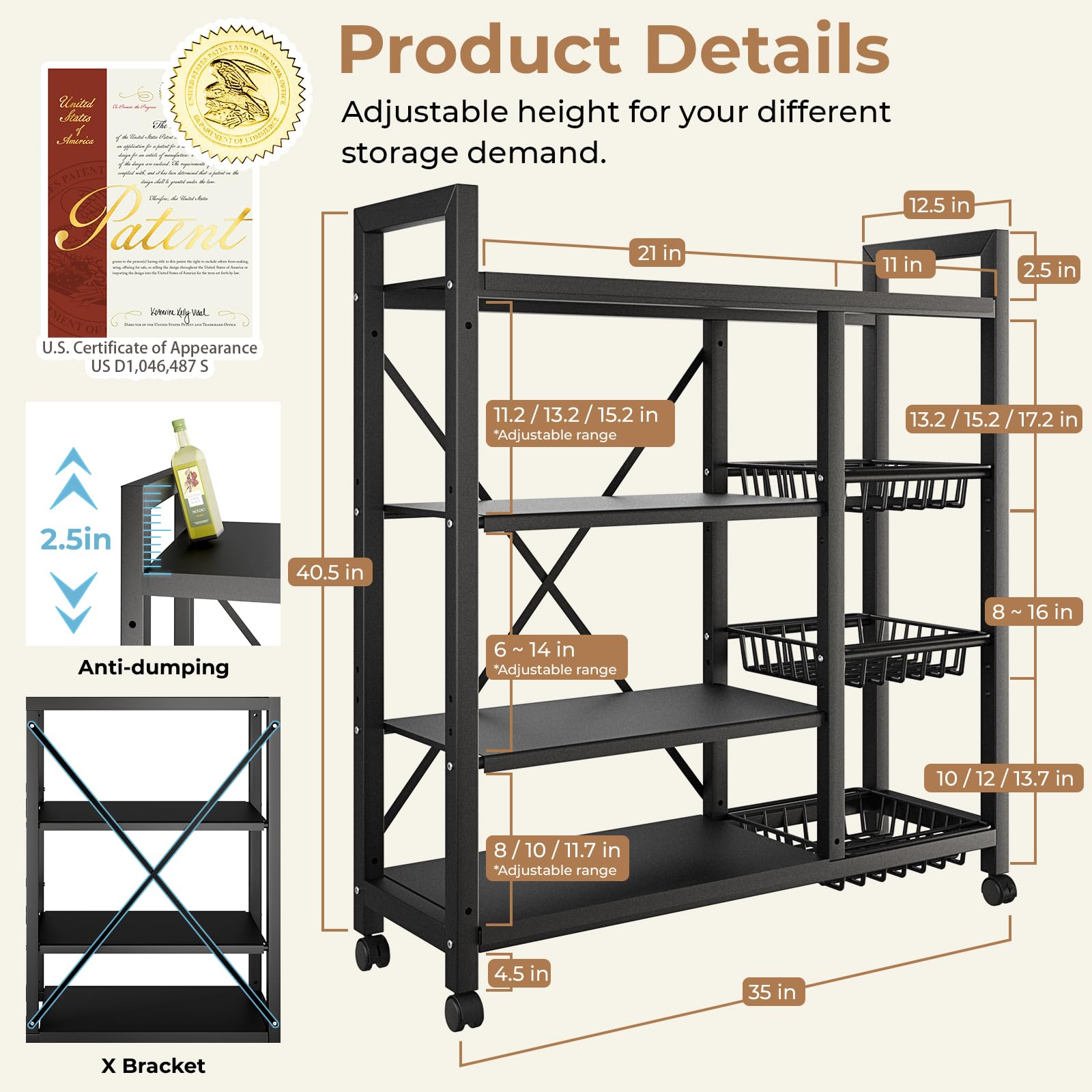 Storage Shelves, Adjustable 4-Tier Kitchen Shelves with 3 Wire Baskets, Kitchen Organizers and Storage, Metal Shelf Rack with Wheels for Garage, Pantry, Bathroom, Closet, House Warming Gifts New Home