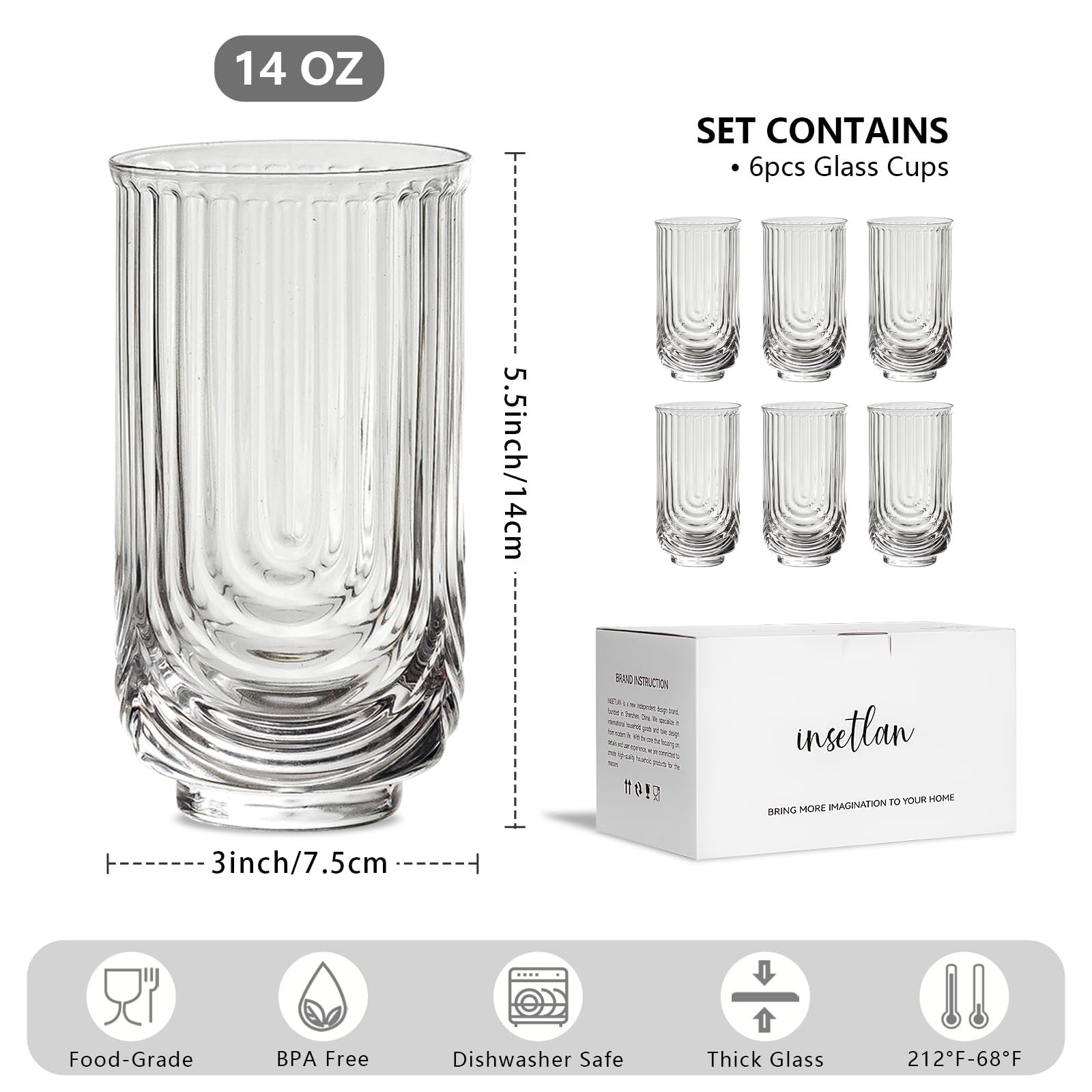 INSETLAN Set of 6 Water Drinking Glasses, Arch Design Cocktail Glasses, Vintage Glassware, Collins Glass Cups for Coffee, Wine, Whiskey, Juice, Housewarming Presents, New House Essentials