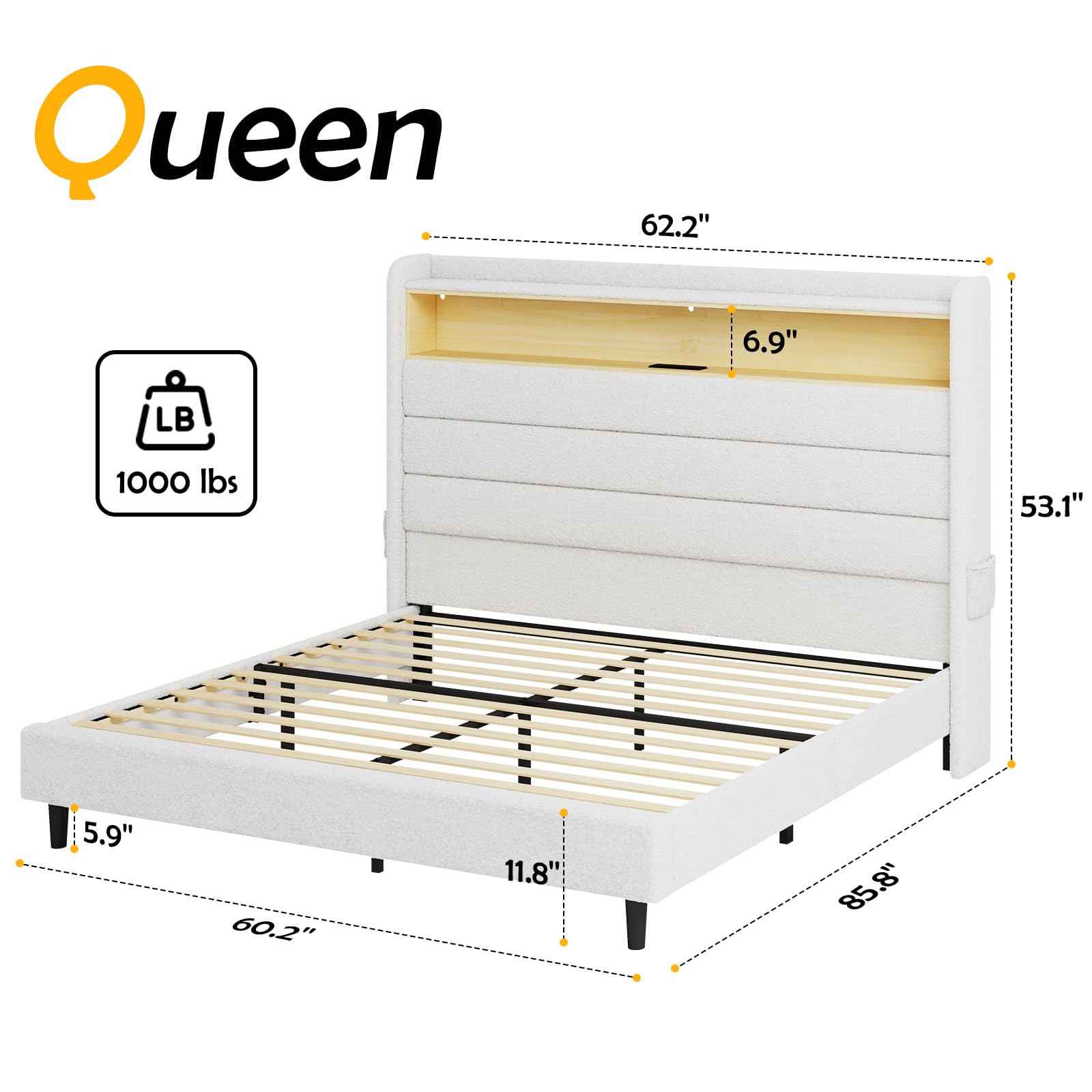 Jocisland Queen Bed Frame with Tall Headboard and LED Lights Charging Station Upholstered Platform Bed Wingback, No Box Spring, Boucle White