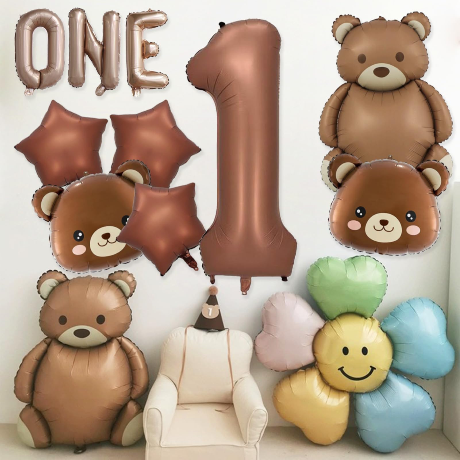 12Pcs Bear Balloons, 1st Number Balloons 40 inch Teddy Bear Balloons Baby Shower Decorations Birthday Balloons Foil Animal Balloons for We Can Bearly Waits Theme Birthday Party Decor