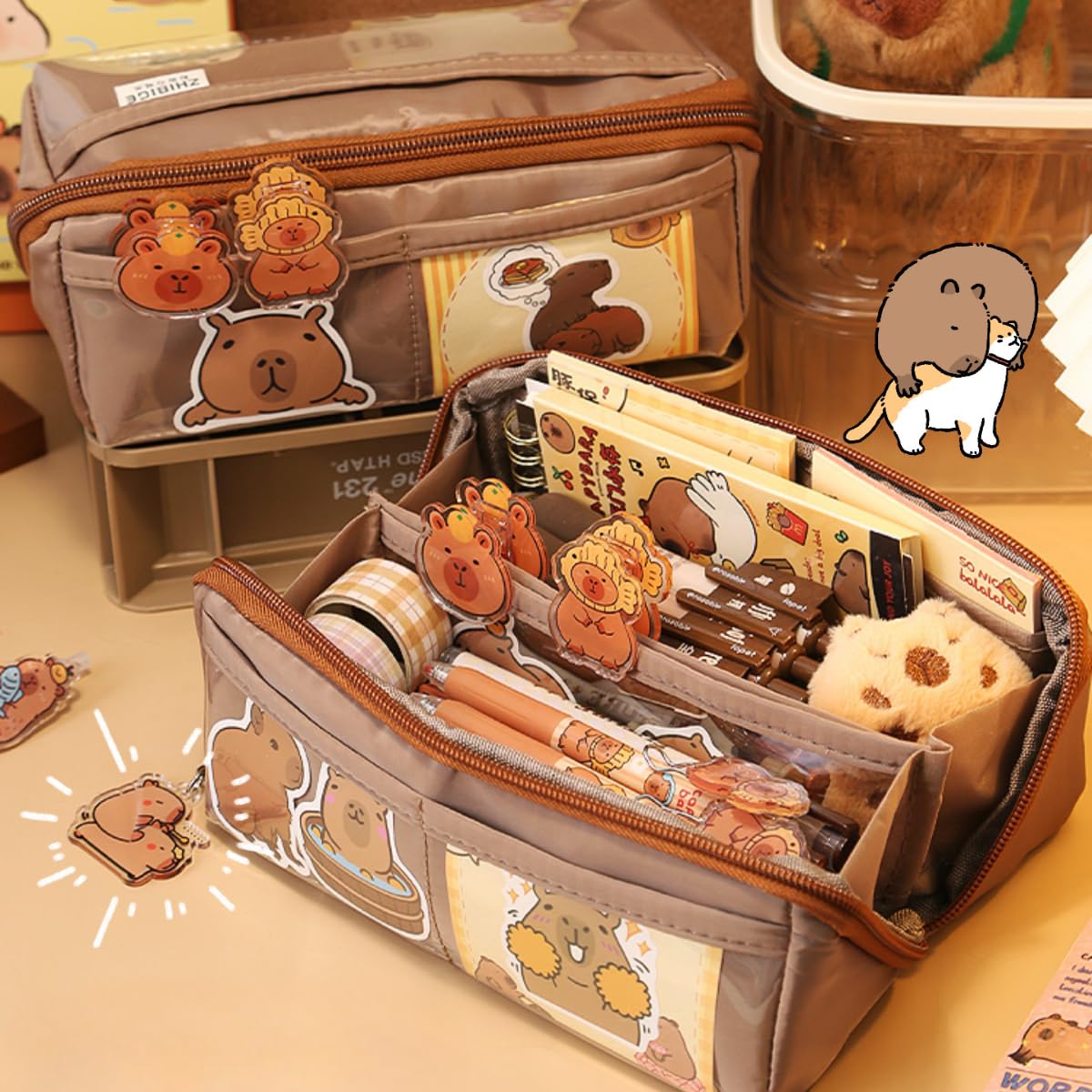 OEIPSMK Capybara Pencil Pouch Case Holder Pen Box Large Capacity Big Zipper Canvas Makeup Bag Bulk Cosmetics Toiletry Storage (brown)