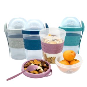 quasleq 4-pack yogurt parfait cups with lids and spoons, reusable yogurt containers for on-the-go, portable yogurt cups with topping storage, ideal for oatmeal and breakfast prep (20 oz new mix color)