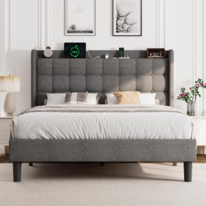 einhomn queen bed frame, upholstered platform bed frame with charging station, modern wingback storage headboard, solid wood slats support, no box spring needed, dark grey