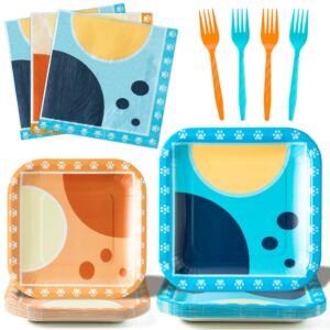 bopusail 96pcs cartoon blue and orange dot party tableware set disposable dinnerware paper dessert dinner plates napkins plastic forks party supplies for kids birthday baby shower serves 24 guests