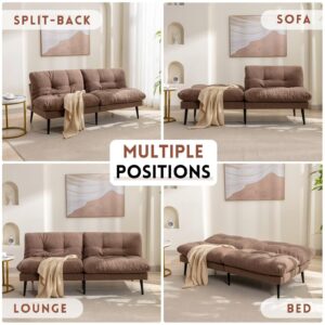 Siiejia Futon Sofa Bed, Convertible Sleeper Futon Couch Loveseat Adjustable Backrest Couch Bed Small Splitback Modern Sofa for Living Room, Bedroom, Office, Apartment, Brown