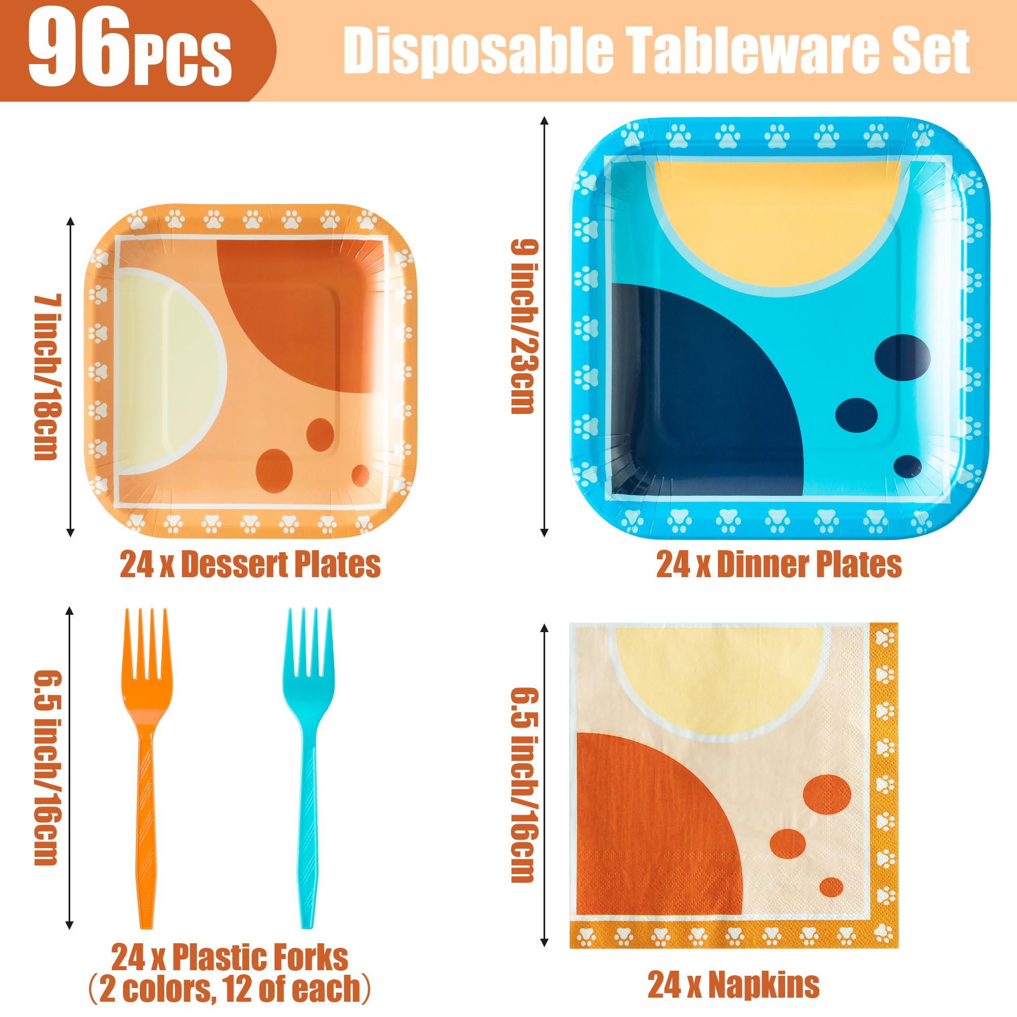 BOpusail 96Pcs Cartoon Blue and Orange Dot Party Tableware Set Disposable Dinnerware Paper Dessert Dinner Plates Napkins Plastic Forks Party Supplies for Kids Birthday Baby Shower Serves 24 Guests