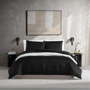 vera wang - king duvet cover set, luxury textured weave bedding with matching shams, ideal for all seasons, oeko-tex certified (illusion black, king)