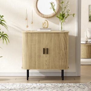 31''w natural buffet sideboard cabinet with storage, fluted storage cabinet black with curvy edge; sliding door, freestanding accent cabinet, credenza, console table for living room, kitchen, hallway