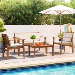 Greesum 4 Piece Bistro Patio Furniture Outdoor Chat Chair Set with Water Resistant Cushions and Coffee Table for Beach Backyard Garden, Acacia Wood