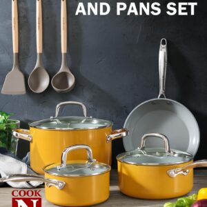 Cook N Home Nonstick Sauce Pan with Glass Lid, 1.5-Quart Small Saucepan Hard Anodized Non Stick Ceramic Cookware, Induction Cooking Pots and Pans with Stay-Cool Handles, Cacerola, Yellow