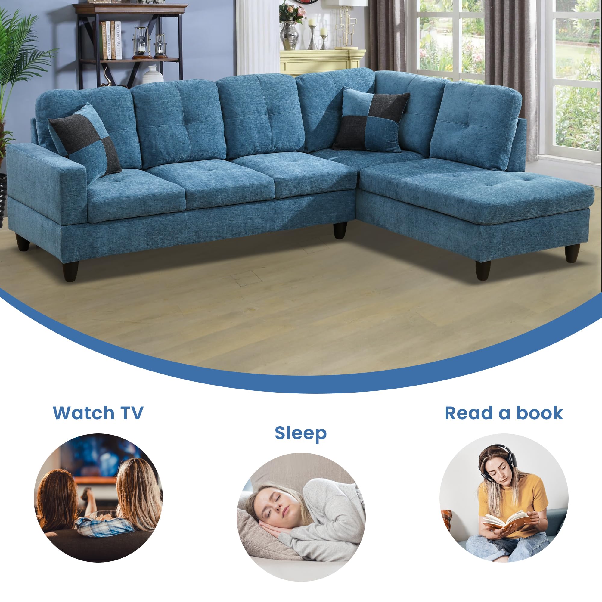 SumKea L-Shaped Sectional Sofa Set, Linnen 5-seat Couches with Pillows, Right Facing Chaise for Living Room, Apartment, Office, Blue