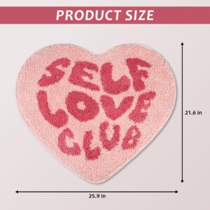 Violacea Self Love Club Rug Heart Shaped Aesthetic Rug Non Slip Microfiber Bath Mat 21.6×25.9in Modern Y2K Dorm College Girly Pink Carpet Rug