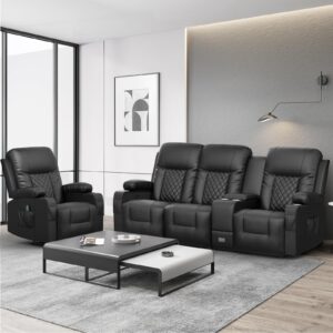 YONISEE Recliner Sofa Set, Modern 3 Seat Reclining Sofa and 1 Seat 360° Swivel Recliner Chair with Heat and Massage for Living Room (3 Seat Sofa+Recliner Chair)