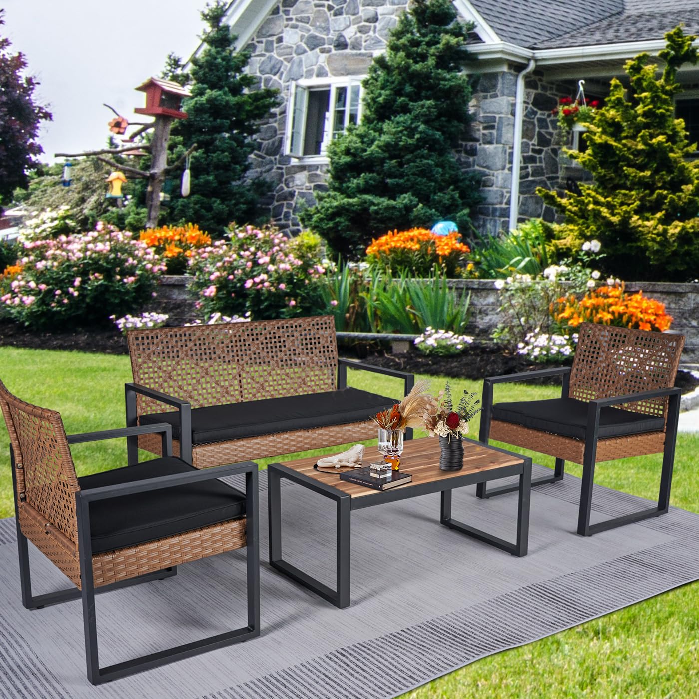 VOTSMOKK 4 Pieces Patio Furniture Set, Outdoor Garden Patio Conversation Sets with Coffee Table, for Backyard, Lawn, Balcony, Outside Patio Table and Chairs Set with Soft Cushions, Black and Brown