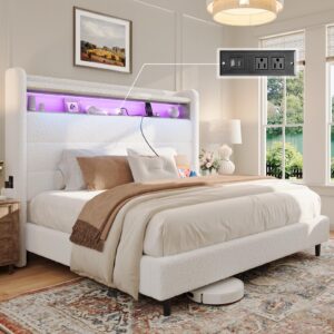 jocisland queen bed frame with tall headboard and led lights charging station upholstered platform bed wingback, no box spring, boucle white