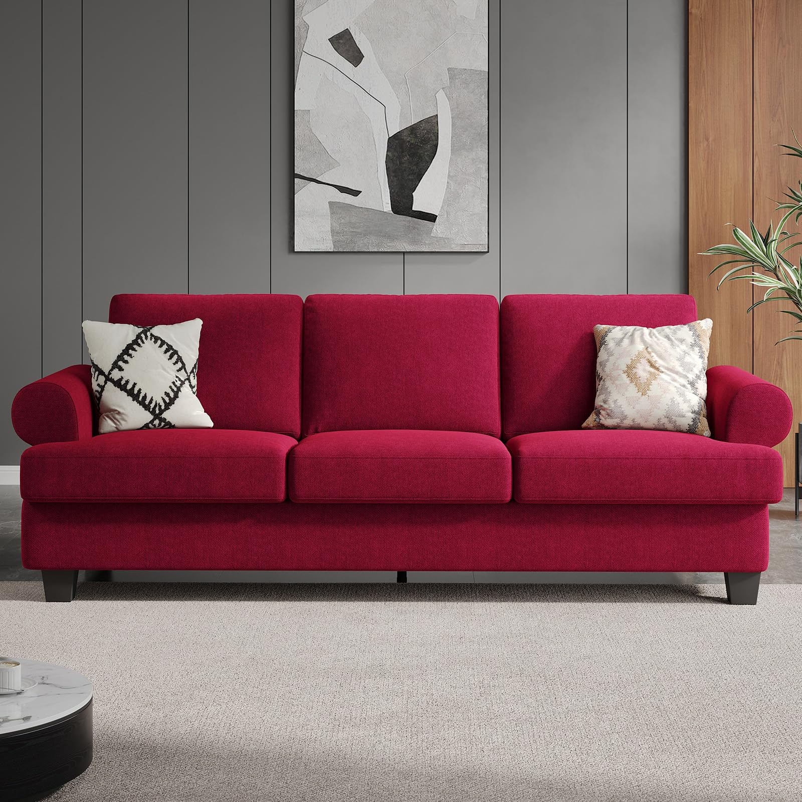 COPIAE 91 Inch Lawson Sofa with Extra Deep Seats Oversize, 3-Seat Sofa Couch, Couches for Living Room, Mid-Century Modern, Apartment Lounge, Red Sofas for Living Room