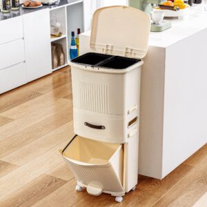 vecelo 12 gal kitchen trash can with lid, large-capacity double-layer sorting trash bin with removable inner bucket, vertical trash can with drawer&tissue holder, waste container with wheel,step pedal