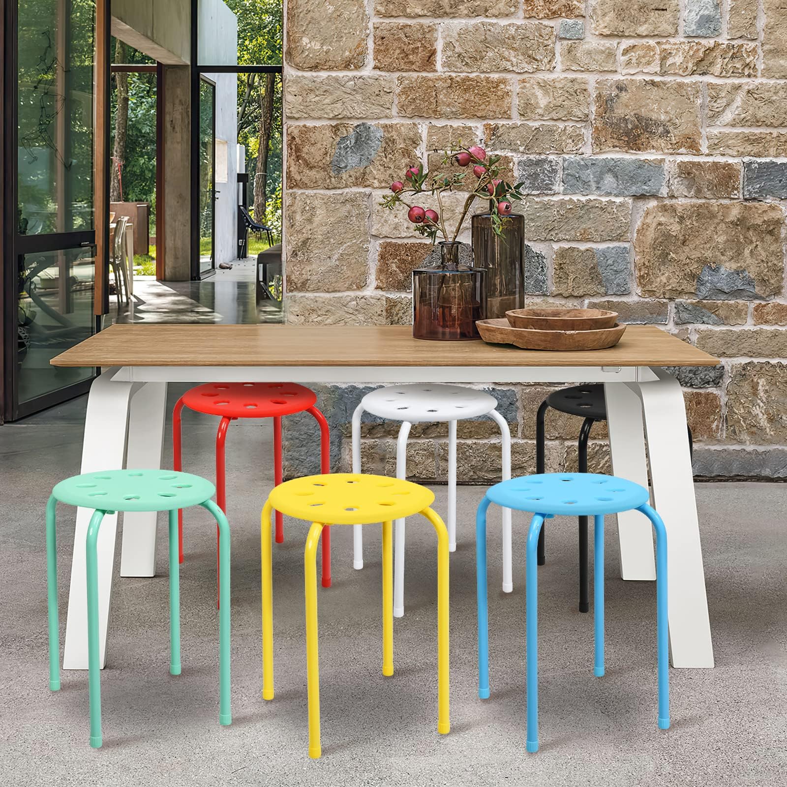 6-Pack Plastic Stackable Stools, 17.5" Multipurpose Stool Chairs w/Metal Frame, X-Shape Connection, Non-Slip Feet, Mulit Color for Students Child Kids, Colorful