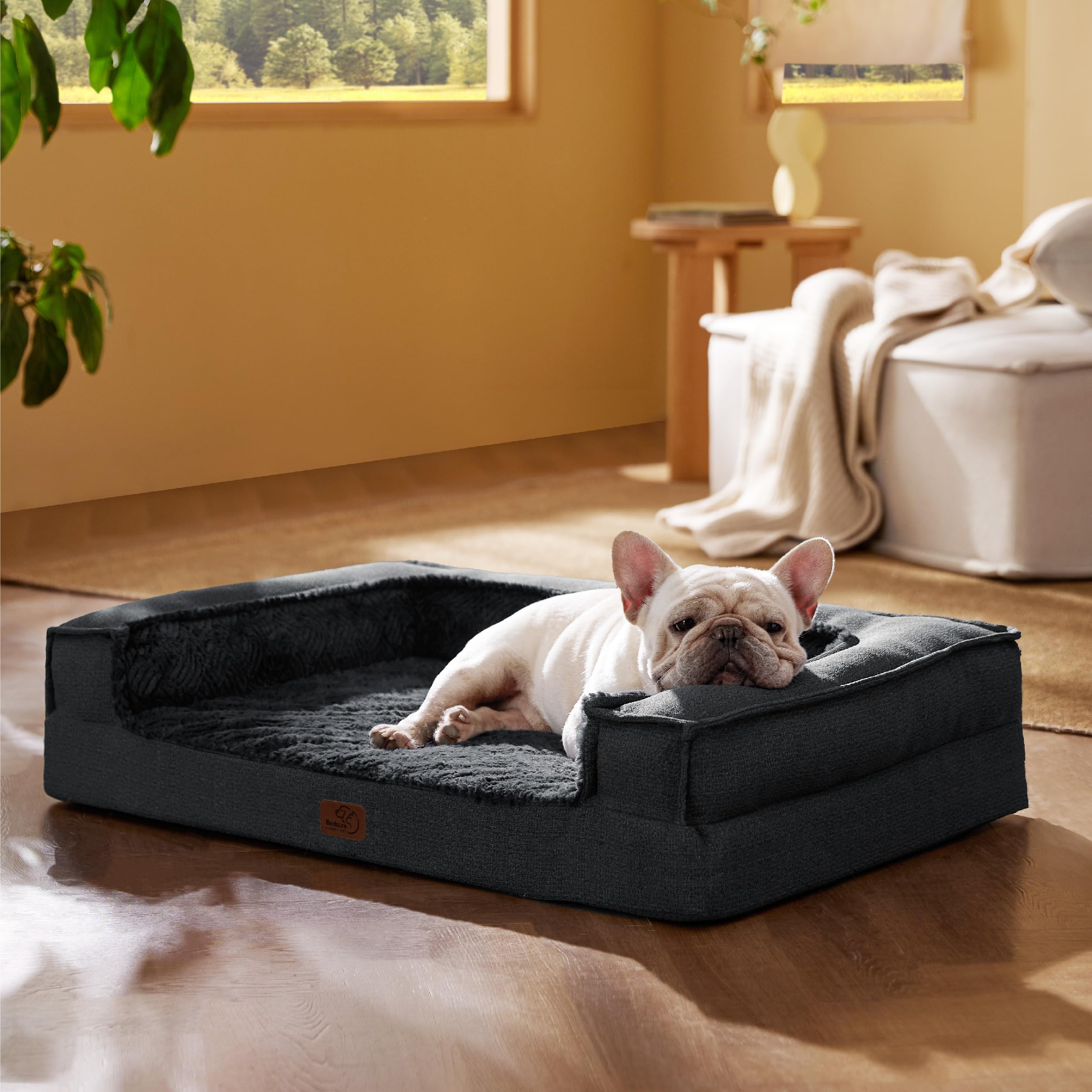 Bedsure Orthopedic Dog Bed for Medium Dogs - Supportive Egg Foam Dog Sofa, Bolster Couch Pet Bed with Removable Waterproof Washable Cover, Comfy Plush Velvet Fluff Surface, Nonskid Bottom, Charcoal