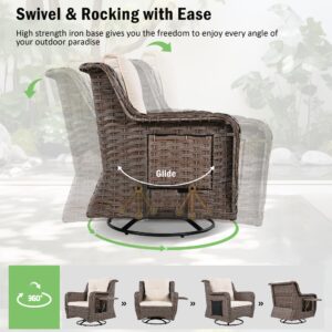 Merax Luxury Swivel Rocker High Back Outdoor 5 Piece Oversized Patio Rocking Chair Sets with Pet House Ottomans, Cool Bar Table, Side Folding Trays & Pockets for Porch, Balcony, Pool, Beige