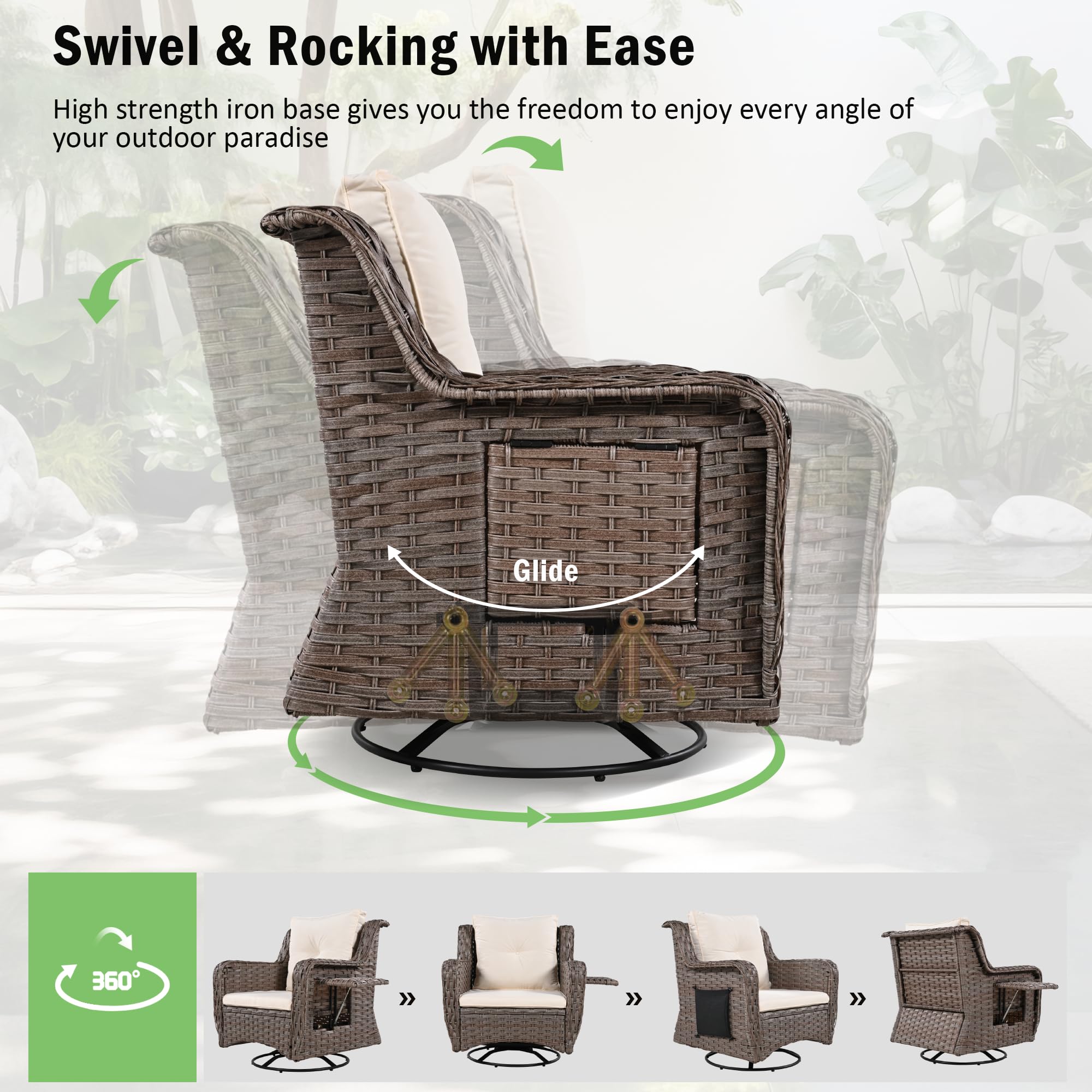 Merax Luxury Swivel Rocker High Back Outdoor 5 Piece Oversized Patio Rocking Chair Sets with Pet House Ottomans, Cool Bar Table, Side Folding Trays & Pockets for Porch, Balcony, Pool, Beige