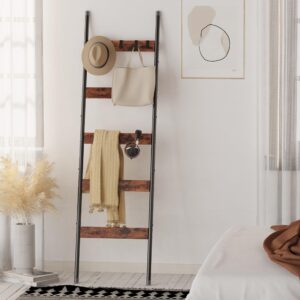 Vantimo Blanket Ladder, 5-Tier Towel Holder with 4 Removable Hooks, Farmhouse Wall Leaning Decorative Rack Shelf, Wooden Towel Display Rack, Quilt Ladder for Living Room, Bedroom