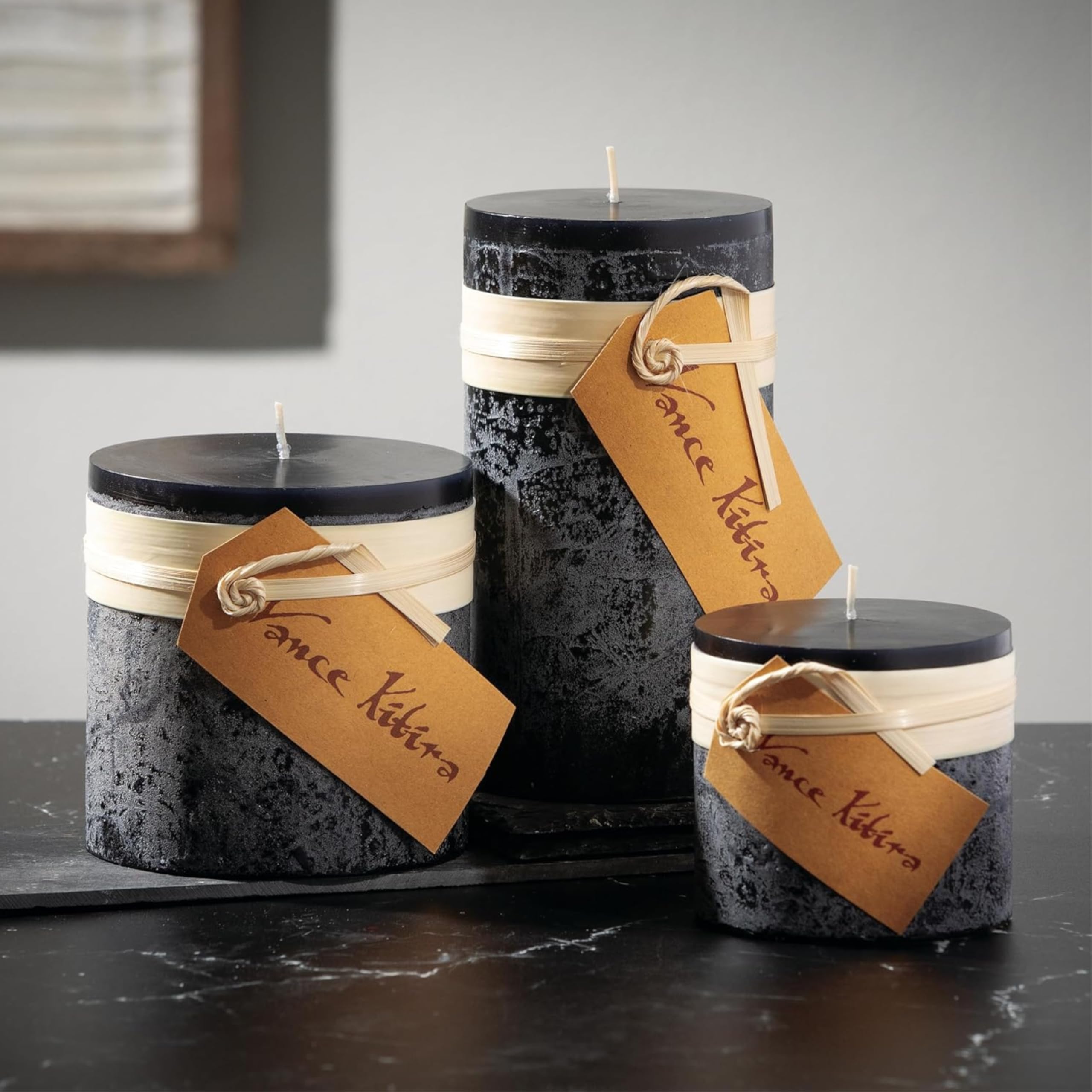 Sullivans Vance Kitira Set of 3 Black Pillar Candles, Clean-Burning, Environmental-Friendly, Scentless, Real-Wax Candles, Home Décor, Hosting Décor