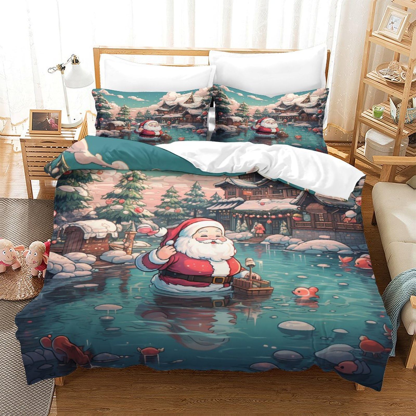 ERGTT Father Christmas Comforter Covers Quilt Cover Duvet Cover for Boys Girls 3D Printed Christmas with Zipper Closure Bedding Set with Pillow Cases Soft Microfiber 3 Pieces Queen（228x228cm）