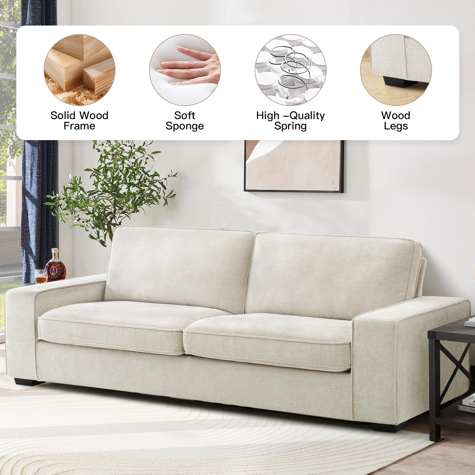 EASELAND Sofa Couch, 88" Chenille Loveseat for Living Room, 3 Seater Lounge Sofa for Bedroom with Removable Back and Seat Cushions, Modern Deep Seat Comfy Couch with Solid Wood Legs and Armrest(Beige)