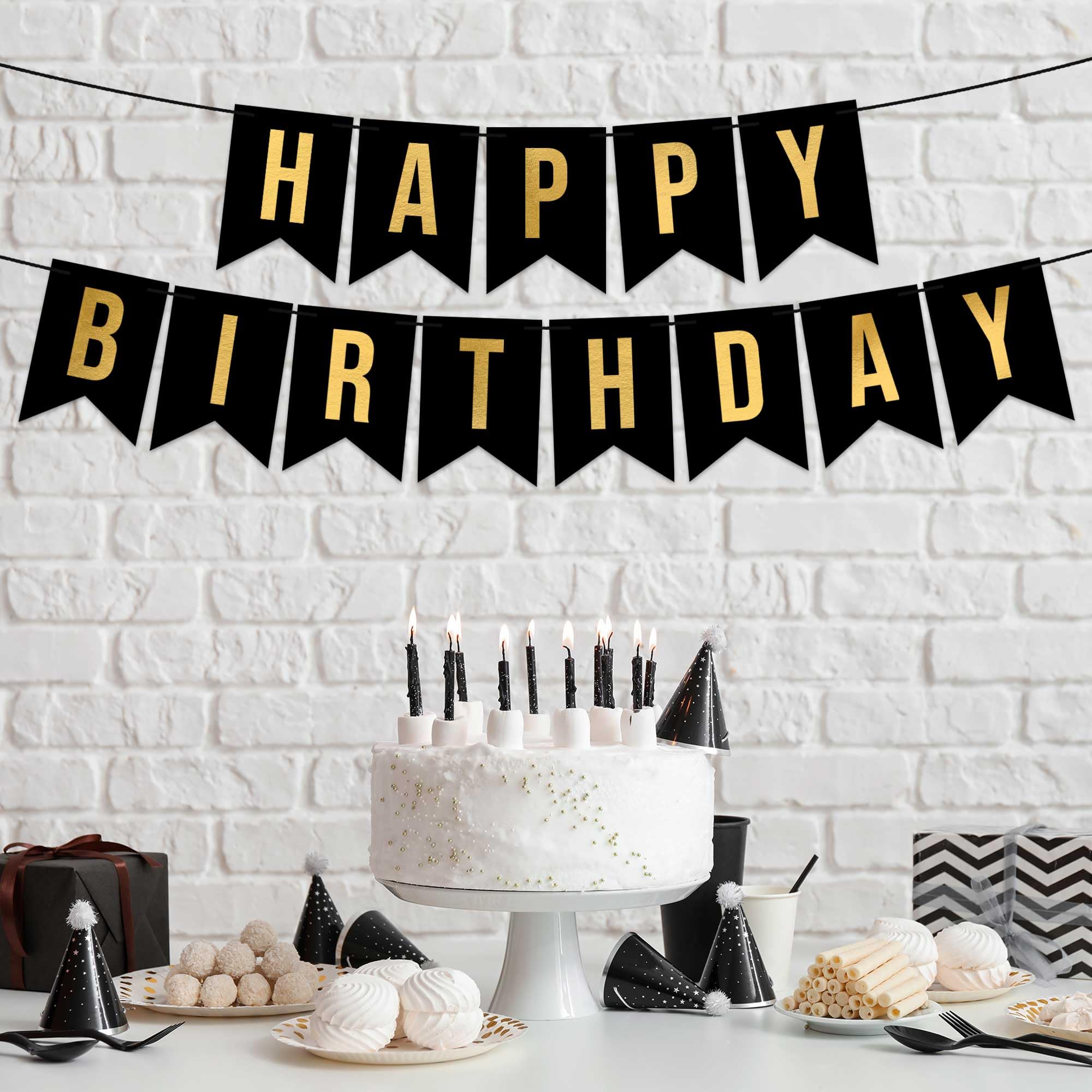 Pre-Strung Happy Birthday Banner - NO DIY - Black Birthday Party Banner With Gold Letters - Pre-Strung on 8 ft Strands - Black Birthday Party Decorations & Decor for Men & Women. Did we mention no DIY?